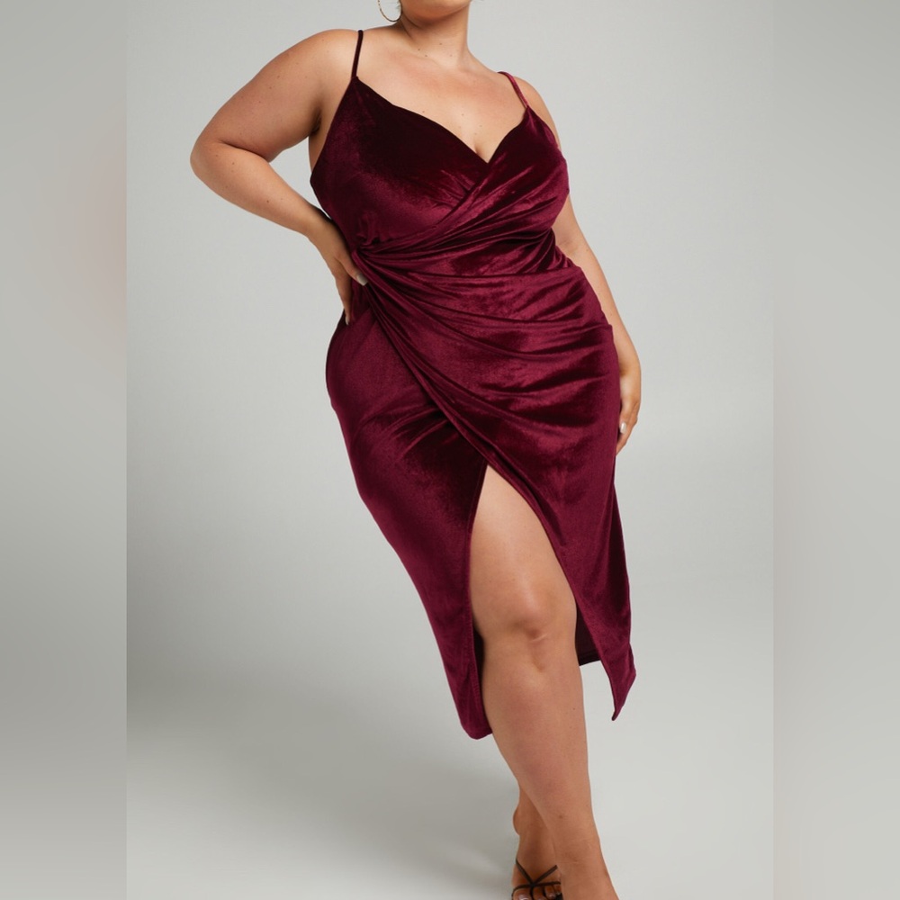 NEW Showpo Loving Blind Velvet Draped Thigh Split Dress Wine Red US 16 NWT